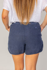 VICTORIA - Short En Lin Taille Élastique Coupe Droite - Femme - Bleu Marine