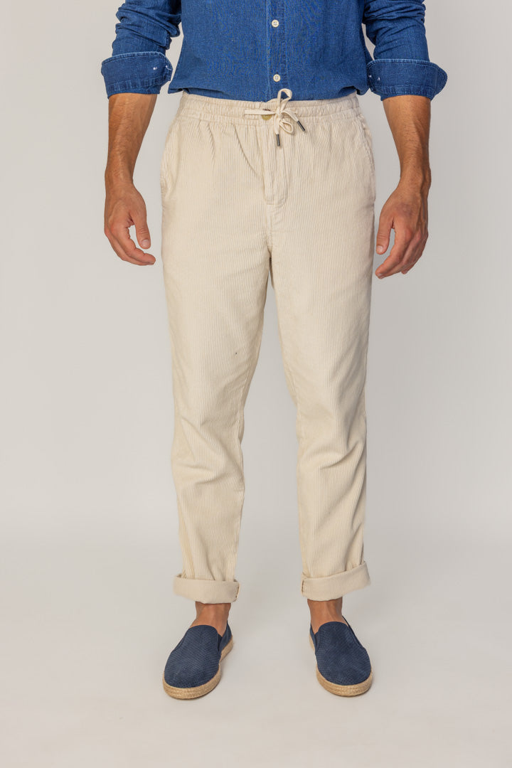 BELLAGIO - Pantalon Velours Côtelé Coton Coupe Loose Taille Élastiquée – Homme - Ecru