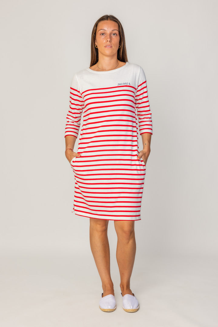 COLETTE – Robe Marinière Coton Manches 3/4 Col Rond – Femme - Ecru/Rouge
