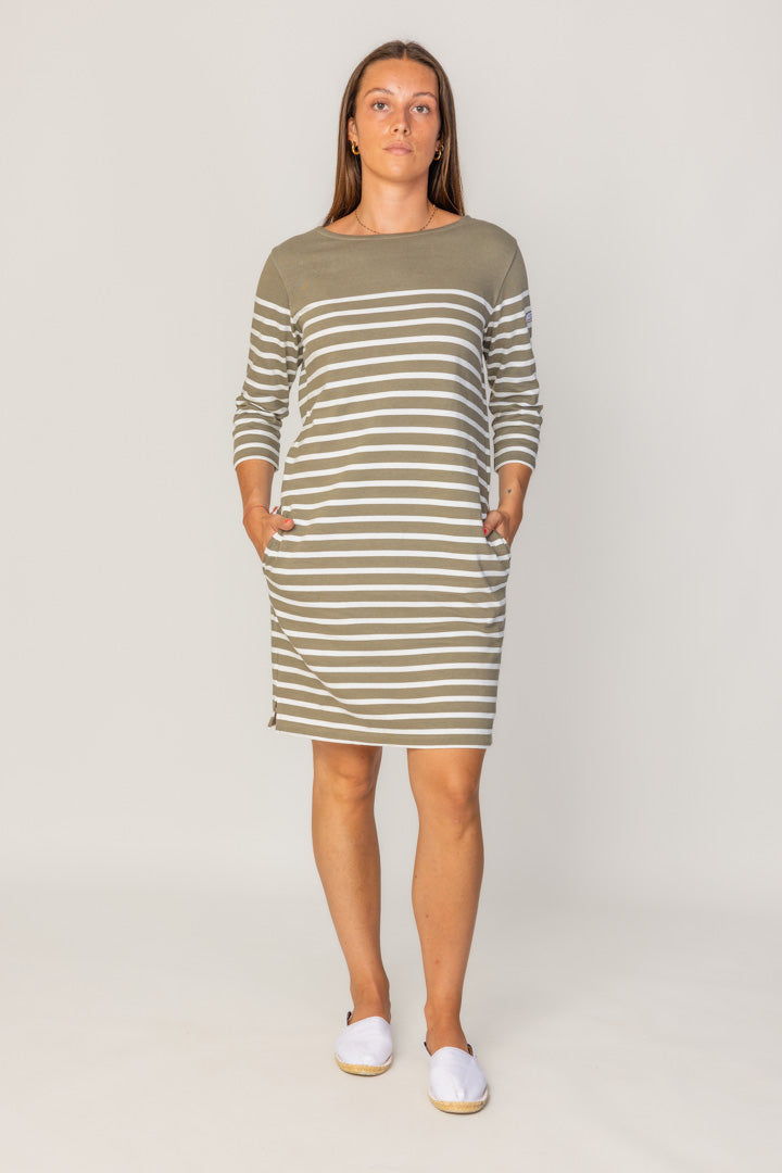 COLETTE – Robe Marinière Coton Manches 3/4 Col Rond – Femme - Kaki/Ecru