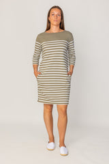 COLETTE – Robe Marinière Coton Manches 3/4 Col Rond – Femme - Kaki/Ecru