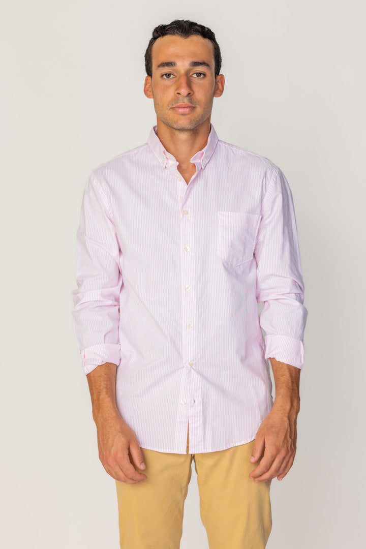 BRITISH – Chemise Lin Manches longues Coupe droite – Homme – Blanc/Rose
