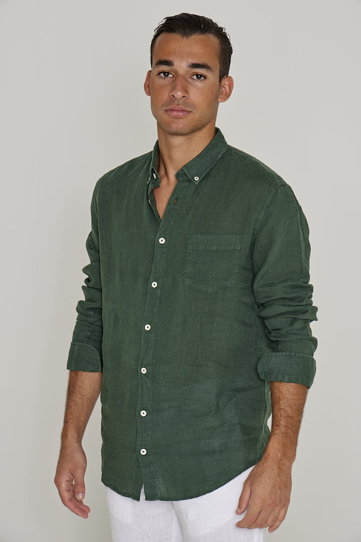 BARCLAY Long-sleeved linen shirt, straight cut Mens Forest Green L BARCLAY Long-sleeved linen shirt, straight cut Mens Forest Green L