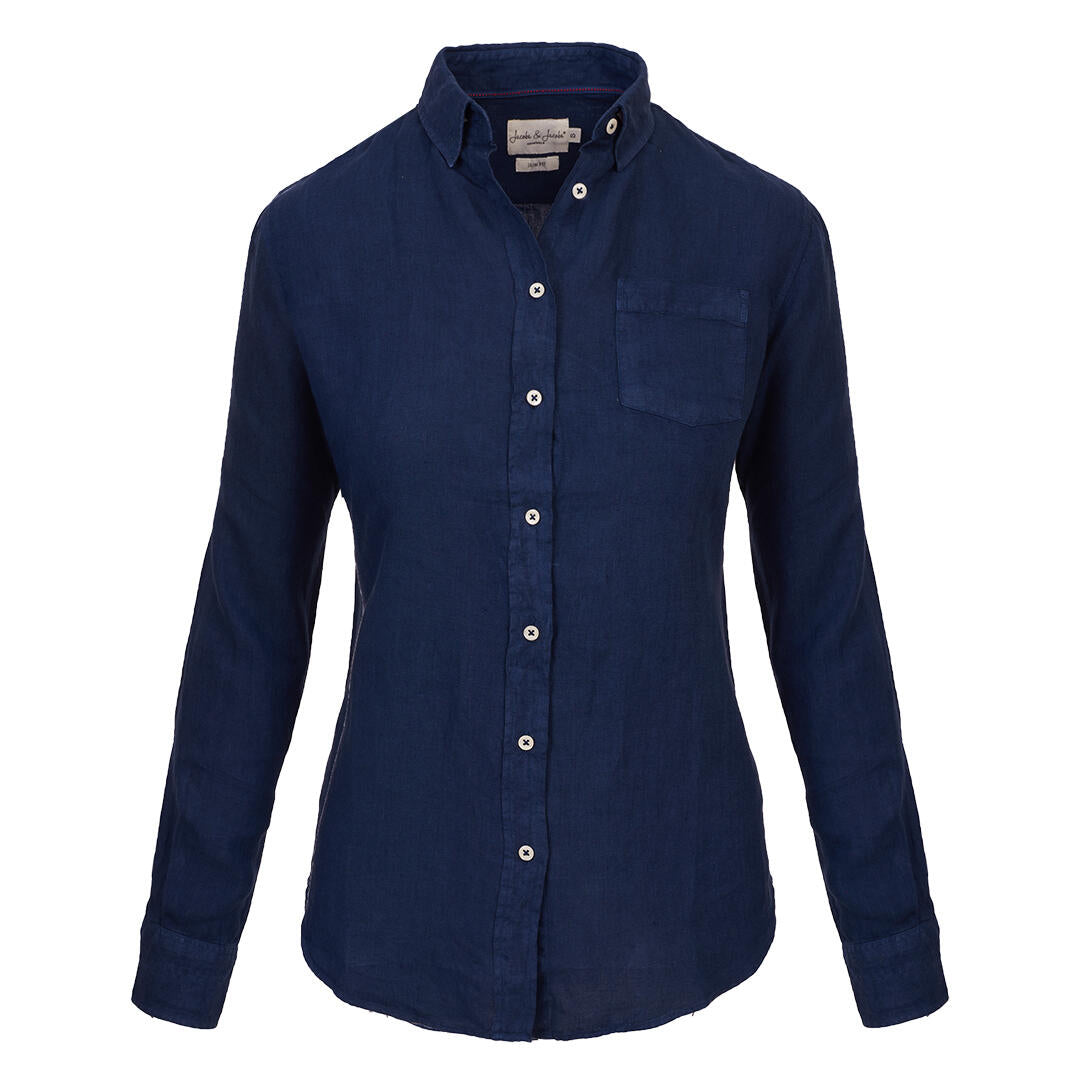 BARCLAYW Long-sleeved linen shirt, slim fit Women Navy blue XL BARCLAYW Long-sleeved linen shirt, slim fit Women Navy blue XL