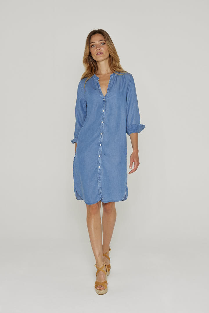 LAURAST – Tencel Dress with Mandarin Collar and 3/4 Sleeves – Straight Cut – Women