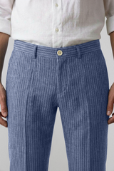 MARBELLA – Pantalon Lin & Coton – Homme - Bleu Indigo Mini Rayures