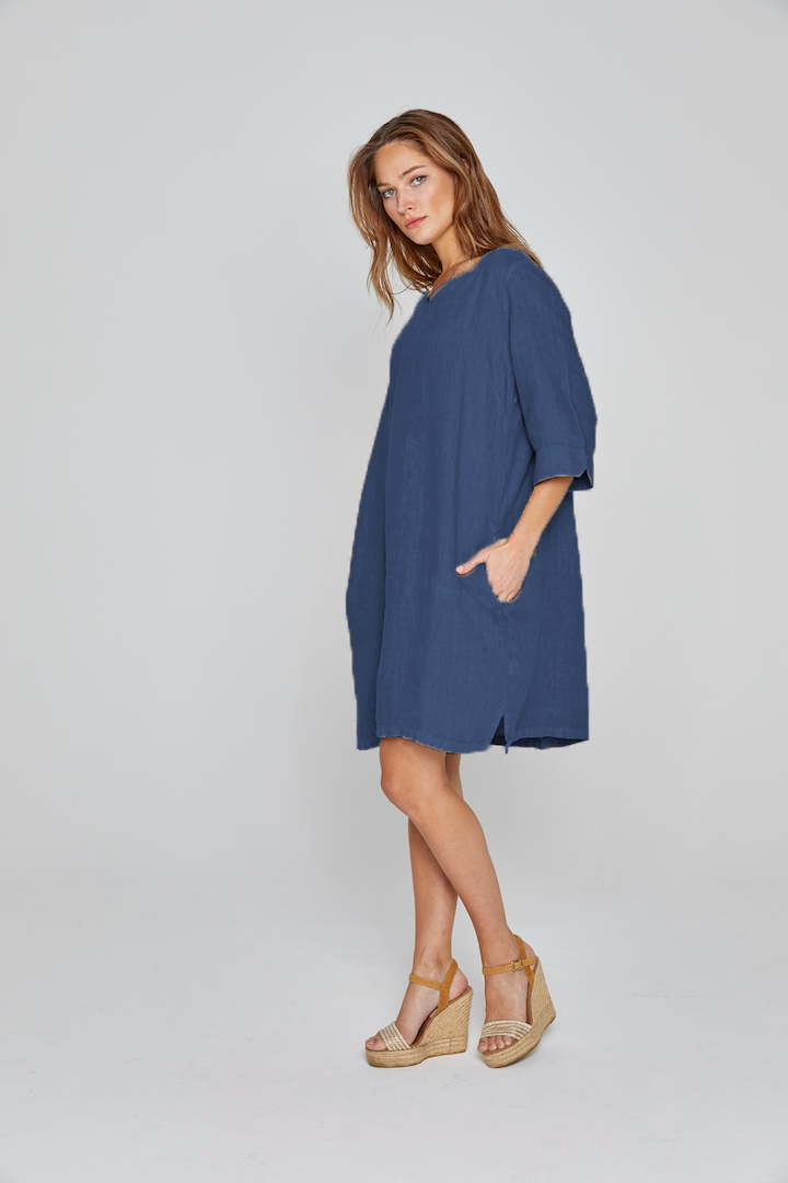 LAURENL – Opp.Liberty Linen Tunic 3/4 Sleeves Flared Cut – Women – Royal Blue/Mabelle 013K